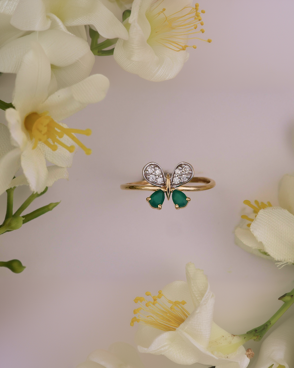 Emerald Butterfly Diamond Ring