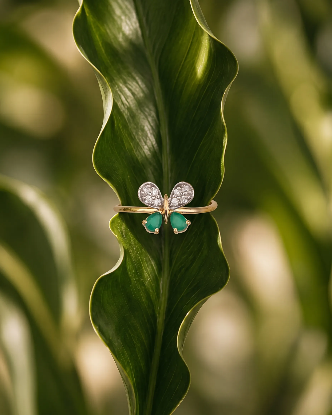 Emerald Butterfly Diamond Ring